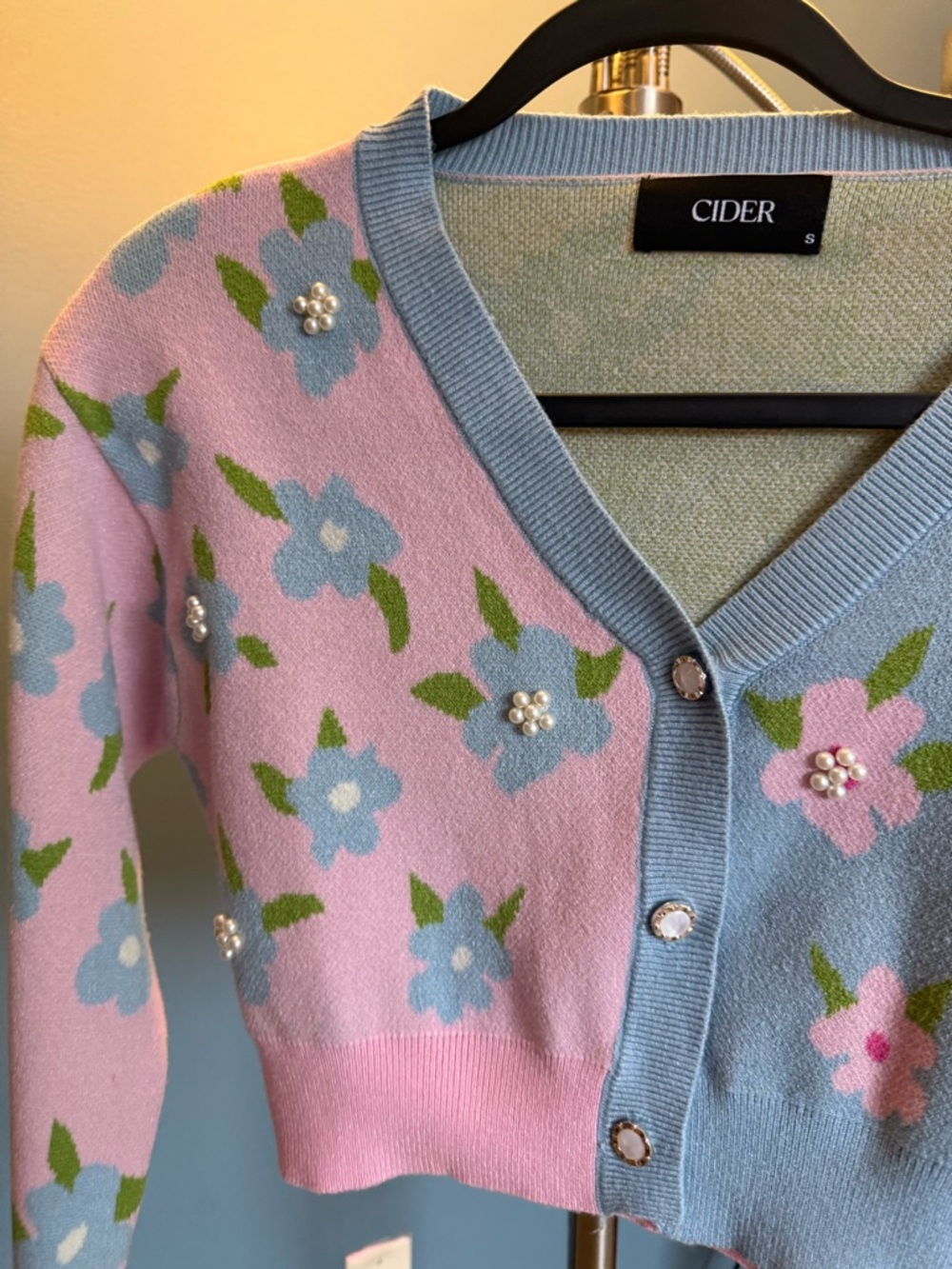 CIDER Pastel Pink & Light Blue Floral Pearl-Button V-Neck Cardigan